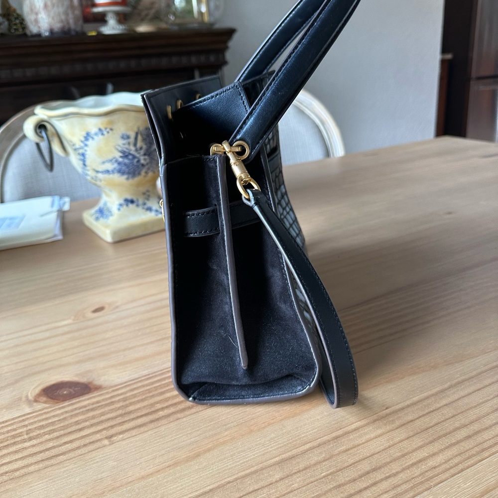 Tory Burch Lee Radziwill Croc Embossed Leather Suede Double Bag Black - Picture 6 of 9